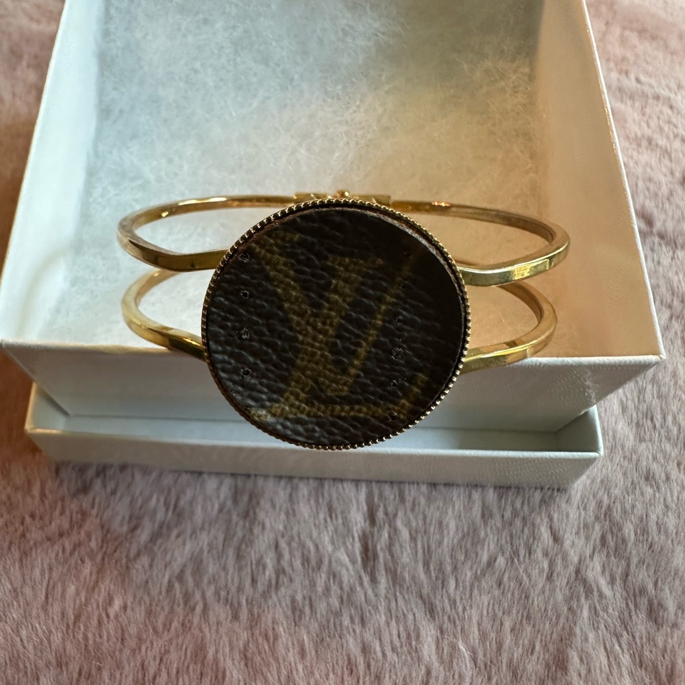 NWOT Upcycled LV Monogrammed Gold Cuff Bracelet - Picture 2 of 5